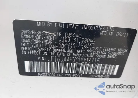 2012 Subaru Impreza 2.0I z USA, uszkodzony, nr VIN JF1GJAA6XCH003715